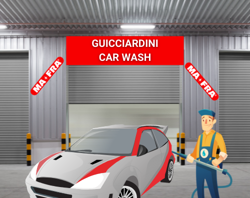 Autolavaggio via Guicciardini: Car wash worker using a pressure washer on a car in a MA-FRA carwash