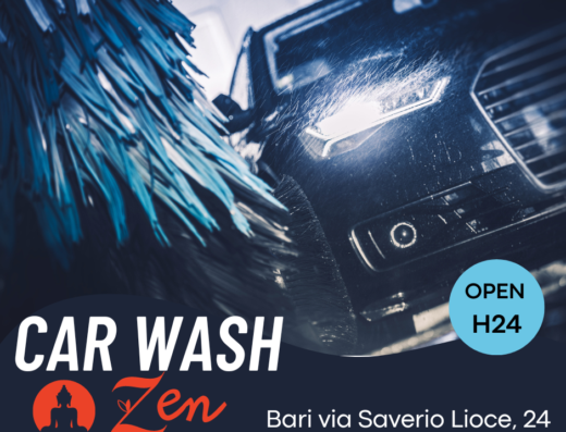Autolavaggio Zen Self Service: un'auto nera viene lavata con spazzole rotanti e acqua, servizio aperto H24 a Bari.