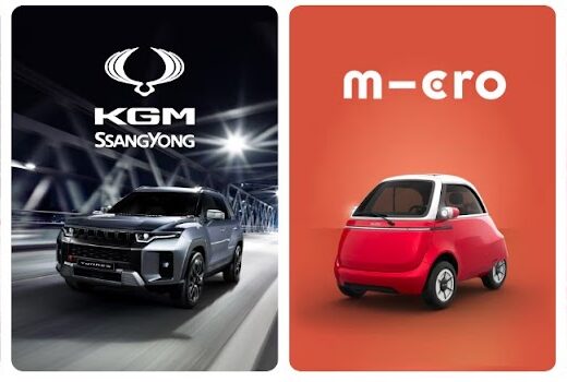 Quattro immagini affiancate mostrano auto e moto di diversi marchi: Mitsubishi Colt rossa, SUV KGM SsangYong, city car elettrica Micro e scooter elettrico Askoll, veicoli moderni per la mobilità urbana ed extraurbana