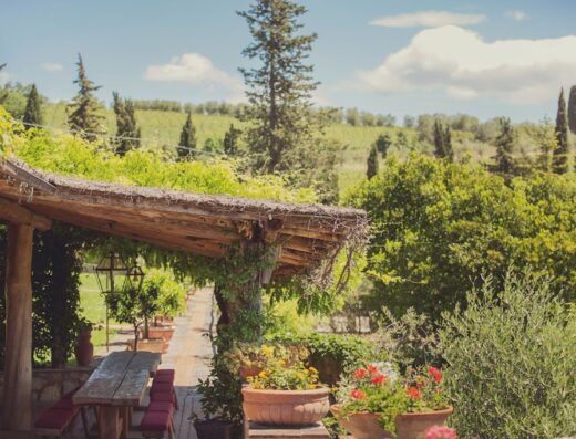 Agriturismo Il Palagio di Panzano: vista panoramica sulla campagna toscana dal pergolato con tavolo in legno e fiori.