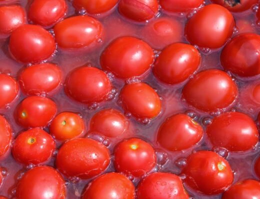 Primi piani di pomodori rossi immersi nell'acqua presso l'Azienda Agrituristica La Vecchia Trainella di Livia Iannotti.
