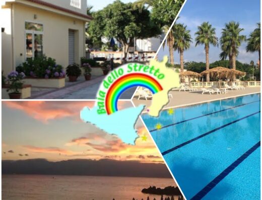 Baia Dello Stretto, Italia: scorci della struttura con piscina, spiaggia al tramonto e area relax. Ideale per vacanze e relax in Sicilia.