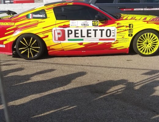 Auto da corsa gialla e rossa con sponsor Peletto S.r.l. e numero 19, ideale per gli appassionati di motorsport e viaggi in auto, disponibile su Bea Srl marketplace.