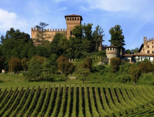 Veduta panoramica del Castello di Gabiano, dimora storica resort, circondato da vigneti rigogliosi. Il castello medievale domina il paesaggio collinare del Monferrato, offrendo un'esperienza di viaggio unica e suggestiva.
