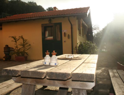 Tavolo da picnic in legno con ampolle di olio e aceto, posacenere, e casa sullo sfondo. Ideale per una sosta durante un viaggio in moto.