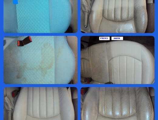 Immagine che mostra il prima e il dopo del servizio di centro lavaggio, asciugatura e disinfezione su sedili auto, evidenziando la pulizia profonda e il risultato impeccabile.