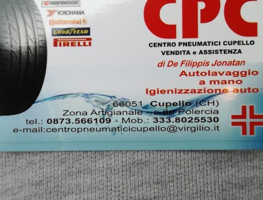Biglietto da visita di Centro Pneumatici Cupello, vendita e assistenza pneumatici auto e moto, marchi Bridgestone, Yokohama, Continental, Goodyear, Pirelli, autolavaggio e igienizzazione auto a Cupello (CH)