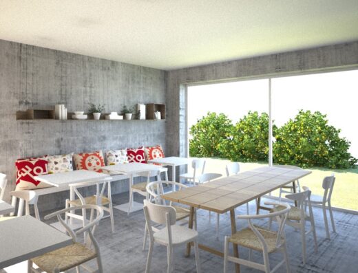 Cucina di campagna vignarole: Interior of a rustic restaurant with concrete walls, wooden tables, white chairs, and colorful cushions, showcasing a simple and natural ambiance.