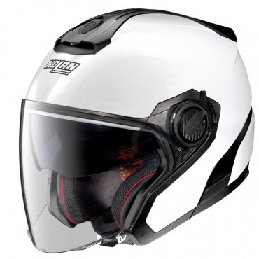 Casco da moto Nolan jet bianco con visiera, ideale per motociclisti che cercano protezione e stile. Accessorio essenziale per la sicurezza su strada.