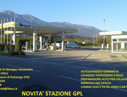 Distributore Eni Menegoz Alessandro a San Giovanni di Polcenigo (PN), con servizi di autolavaggio, gommista, lavaggio tappezzeria e pelle, preparazione auto per collaudo, rinnovo fari opachi e cambio olio/filtri. Novità: stazione GPL.