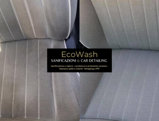 Dettaglio degli interni di un'auto con sedili puliti e sanificati da EcoWash Sanificazioni & Car Detailing, specializzati in sanificazione a vapore, lucidatura, protezione nanotecnologica, restauro pelle e wrapping.