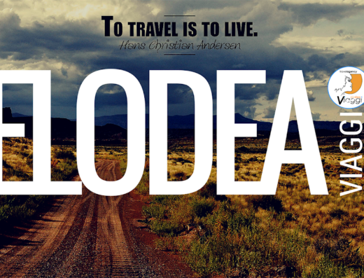 Elodea Viaggi Hybrid: Travel agency logo superimposed on a scenic desert road, inviting adventure and exploration. Find your next journey with us.