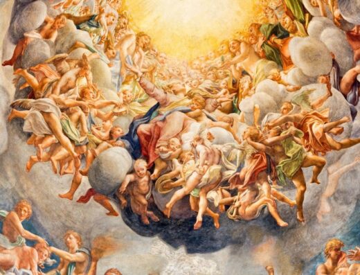 Affresco del XVI secolo raffigurante l'Ascensione della Vergine, con figure umane e putti tra le nuvole, illuminati da una luce divina.