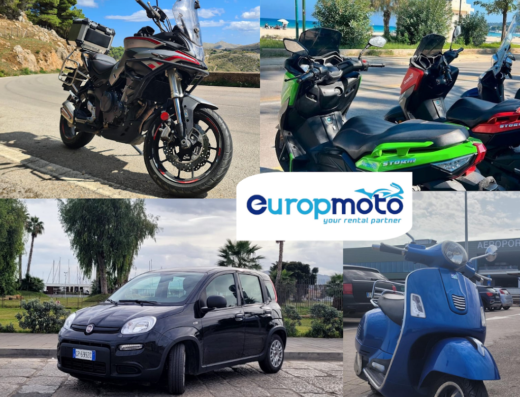 EuropMoto Rent collage showing a touring motorcycle on a scenic road, scooters parked near a beach, a black car, and a blue Vespa near an airport.