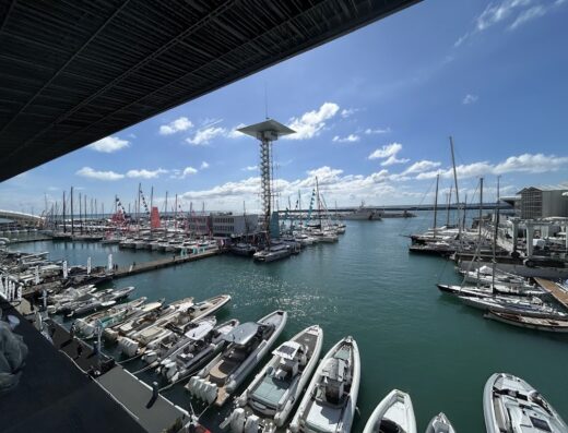 Affollato porto turistico alla Fiera di Genova con numerose barche a vela e a motore ormeggiate, vista panoramica del lungomare.
