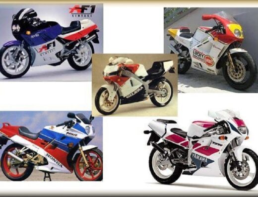 Selezione di moto sportive classiche: Aprilia AF1 Sintesi, Gilera, Honda NSR e Yamaha TZR. Ricambi e accessori moto disponibili da Giamprix Pisa per appassionati e collezionisti.