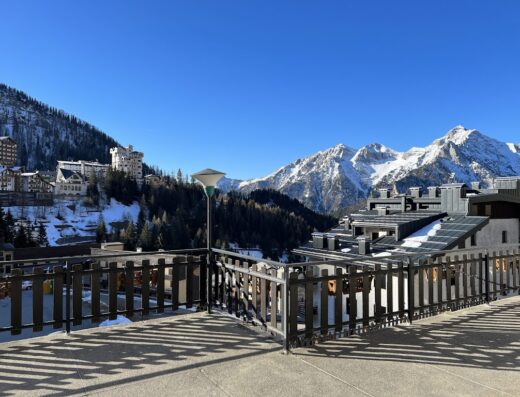 Vista panoramica dall'Hotel Des Alpes, con montagne innevate sullo sfondo e architettura alpina in primo piano.