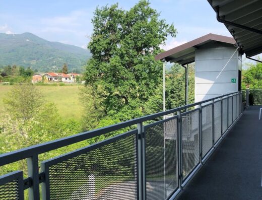 Vista dal balcone dell'Hotel Prealpina, con ringhiera in metallo che si affaccia su un prato verde, alberi e montagne sullo sfondo.