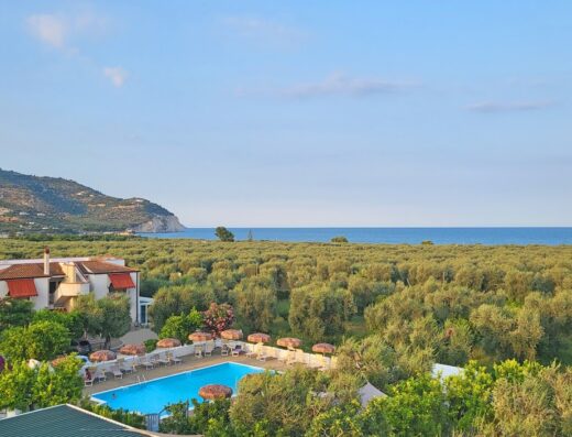 Vista panoramica dell'Hotel Residence Torre del Porto con piscina, lettini, uliveto e mare sullo sfondo, ideale per vacanze e relax in Puglia.