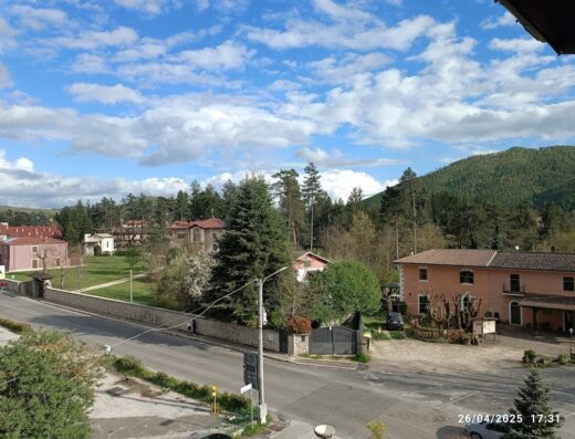 Veduta panoramica dell'Hotel San Giorgio a Fraz. Altipiani di Arcinazzo, con edifici, alberi e una montagna sullo sfondo sotto un cielo nuvoloso.