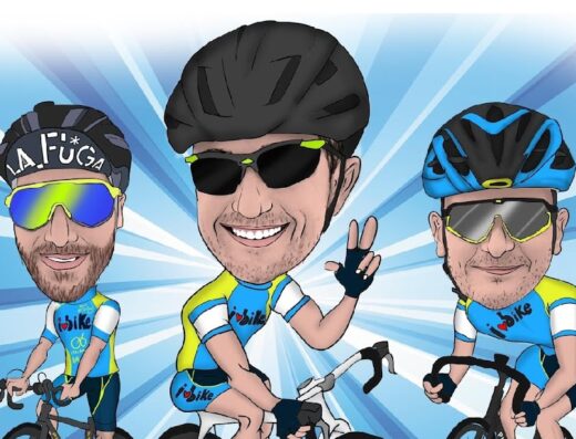 Tre ciclisti in un'illustrazione per I Rent Bike – Italian Bike Experience, che promuove il noleggio di biciclette e accessori per il cicloturismo in Italia.