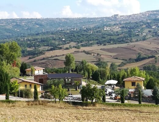 Paesaggio collinare italiano con case rurali, alberi e vegetazione rigogliosa. I Tre Ulivi offre servizi per motociclisti e viaggiatori.