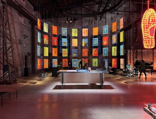 Installazione artistica con stampe colorate sospese, tavolo centrale, pianoforte e persone in un ampio spazio industriale.