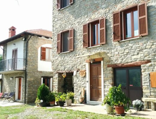 Il Grappolo in Langa: Esterno di un edificio in pietra con finestre in legno, piante ornamentali e un gatto in primo piano.