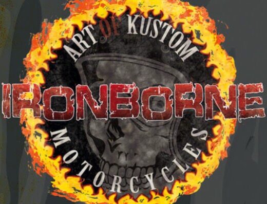 Logo di Ironborne Motorcycles con teschio stilizzato, fiamme e scritte "Art of Kustom Motorcycles". Design per appassionati di moto custom.