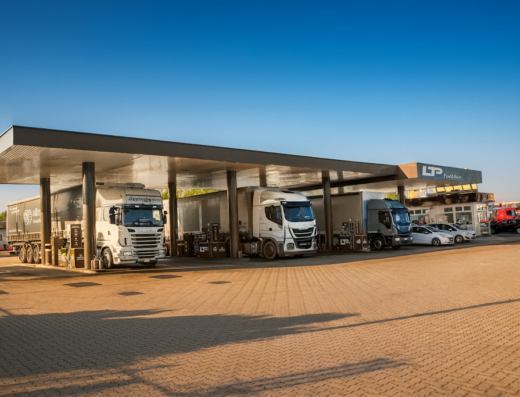 L.T.P. Logistica Trasporti Piacenza: Camion in sosta presso area di servizio LTP Fuel&Food, con autovetture parcheggiate sullo sfondo.