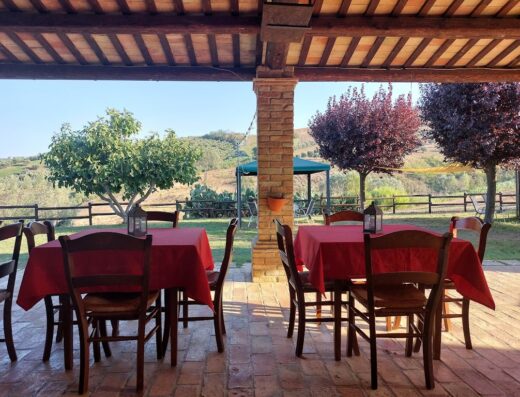 La Fonte Agriturismo con Piscina: Tavoli apparecchiati all'aperto con tovaglie rosse, sedie di legno, vista panoramica sulle colline verdi per un'esperienza di viaggio rilassante.