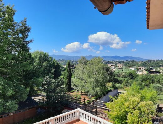 La Terrazza Su Roma: Vista panoramica dalla terrazza con vegetazione, cielo azzurro e montagne sullo sfondo.