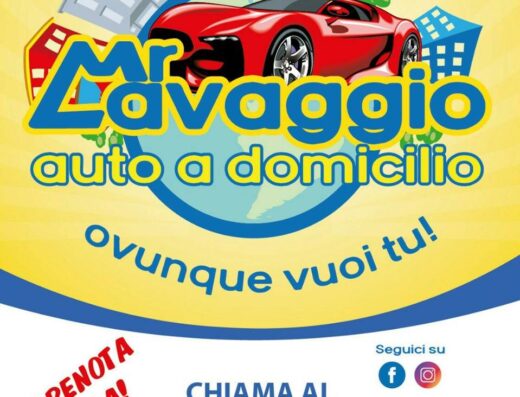 Logo colorato di Mr. Lavaggio auto a domicilio, con un'auto rossa stilizzata, edifici e il numero di telefono per prenotare il servizio di lavaggio auto.