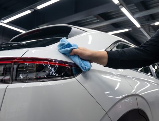 Dettaglio auto a domicilio: Un uomo pulisce la parte posteriore di un'auto bianca con un panno in microfibra blu.