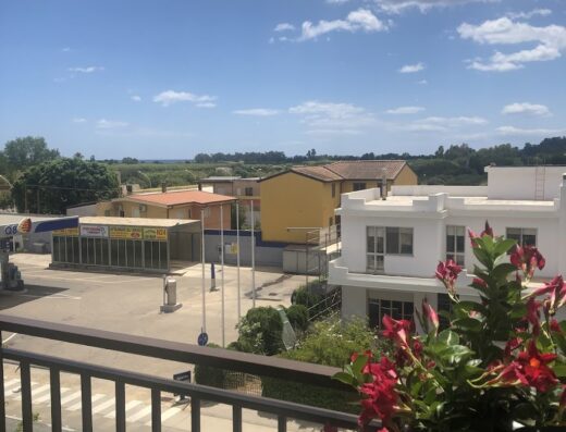 Vista dal balcone de Le Stanze di Patika b&b a Tortolì, con fiori rossi in primo piano e panorama urbano con distributore di benzina sullo sfondo