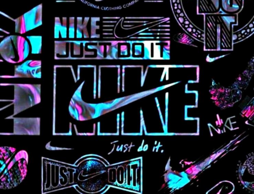 A vibrant collage featuring various Nike logos and the slogan "Just Do It" in a neon, iridescent color scheme against a black background.