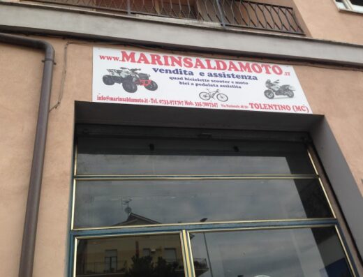 Insegna di Marinsalda Moto a Tolentino (MC), vendita e assistenza quad, biciclette, scooter, moto e bici a pedalata assistita. Contatti: info@marinsaldamoto.it, tel. 0733-971767, mob. 335-7807347.