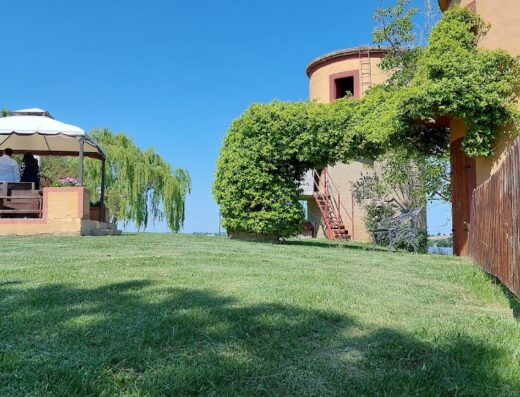 Masseria La Guardata in Puglia, Italia: vista esterna con prato verde, torre con vegetazione, gazebo e recinzione in legno. Servizi turistici e location per eventi.