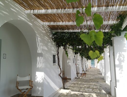 Masseria Malvindi: Esterno con portico in pietra, tettoia di canne, viti rampicanti, sedie in legno e tavolino. Ideale per vacanze e turismo in Puglia.