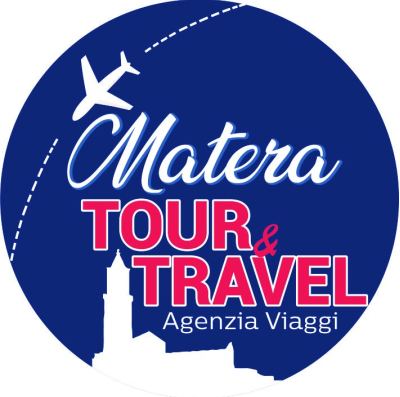 Logo di Matera Tour & Travel, agenzia viaggi specializzata in tour e viaggi a Matera e in Basilicata, con aereo stilizzato e skyline della città.