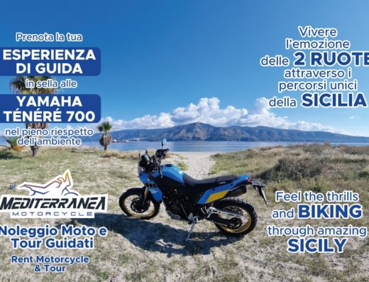 Noleggio Yamaha Ténéré 700 Mediterranea Motorcycle per tour guidati in Sicilia. Moto adventure su spiaggia con vista mare. Scopri i percorsi unici dell'isola.