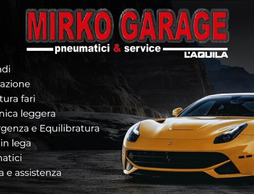 Mirko Garage a L'Aquila: Servizi pneumatici e officina meccanica, tagliandi, sanificazione, lucidatura fari, convergenza, equilibratura, vendita cerchi in lega e assistenza auto. In evidenza, una Ferrari gialla.