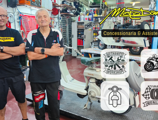 Moto Dante: foto del team in officina con moto d'epoca Benelli. Servizi di concessionaria, assistenza, riparazione, vendita pneumatici e accessori moto. Officina specializzata per motocicli e scooter.