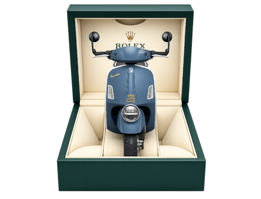 Una Vespa blu personalizzata all'interno di una scatola verde scuro Rolex. La Vespa presenta dettagli unici e finiture di lusso. Perfetta per gli amanti di moto e accessori esclusivi.