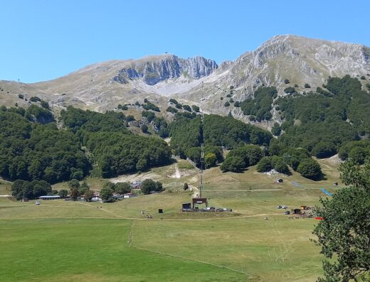 Paesaggio montano a Campitello, ideale per noleggio moto con Extreme Team Snc, con prati verdi e cielo azzurro.