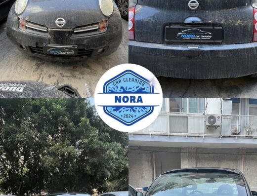 Collage showing a dirty black Nissan March before and after car cleaning service by NoraCarCleaning, highlighting the transformation.