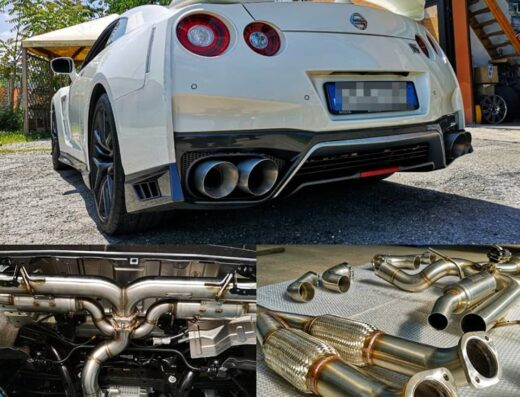 Nissan GT-R white with aftermarket exhaust system at Drift Garage, detail of the exhaust pipes mounted on the car and disassembled for sale