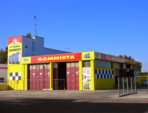 Pulimeno GOMME gommista a Martano, Italia. Facciata dell'officina con insegne di pneumatici e servizi per auto e moto.