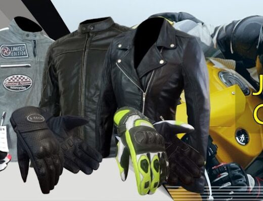 Showcase of S-Tech Moto motorcycle jackets and gloves, featuring leather and textile options with racing-inspired designs, alongside a rider and bike.