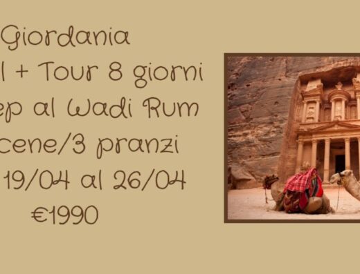 Offerta viaggio in Giordania con Sichelia Viaggi: tour di 8 giorni con hotel, jeep al Wadi Rum, 7 cene e 3 pranzi, dal 19 al 26 aprile. Scopri le meraviglie della Giordania con i nostri pacchetti viaggio.